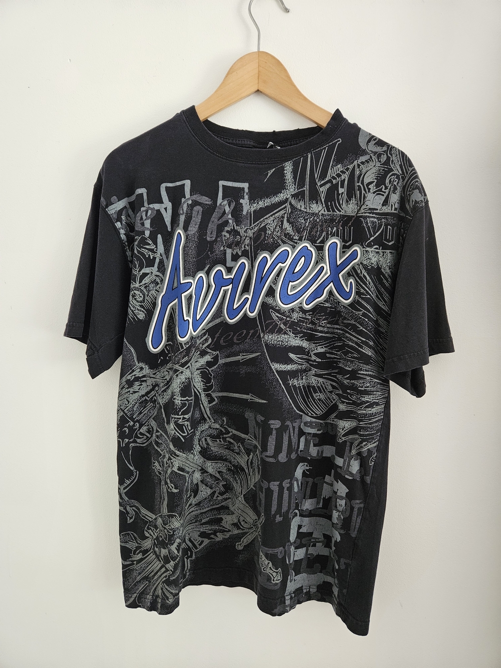 Avirex Shirt Mens Small (Large) All Over Print Y2K Black